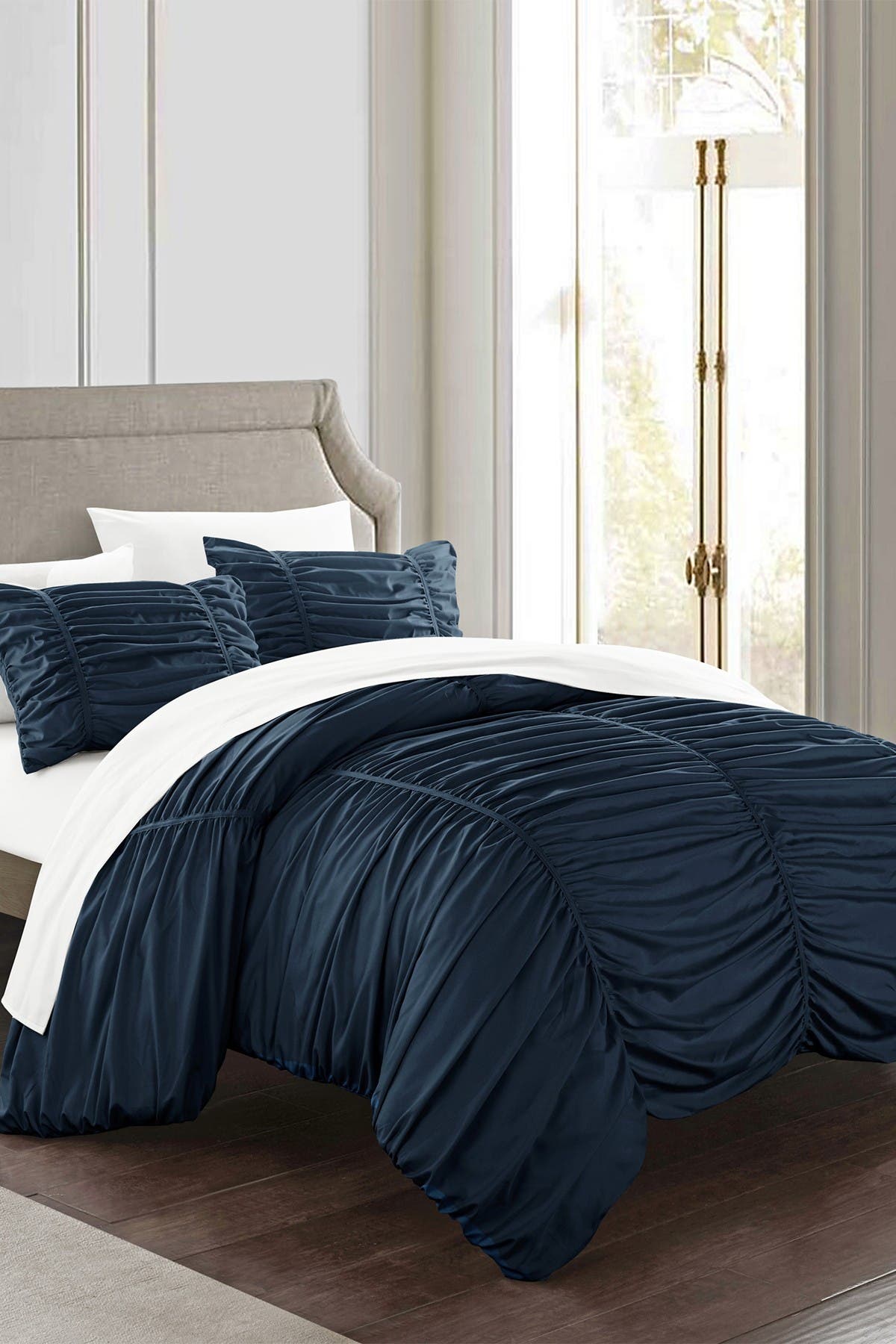 Chic Home Bedding Kleia Contemporary Striped, Ruched, & Ruffled Queen