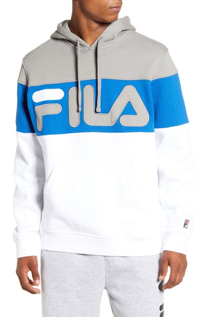 Click to view more detailed imagery on our partner's website Fila Flamino Logo Hooded Sweatshirt In Frost Gray/ Blue/ White