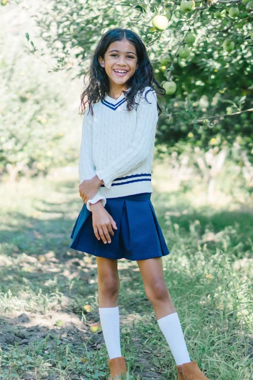 Hope & Henry Baby Girls' Ruffle Cuff Cricket Sweater, Infant In Soft White Cable With Navy