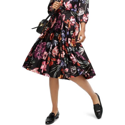 J.crew Midnight Dutch Floral Pleated A-Line Midi Skirt, Black
