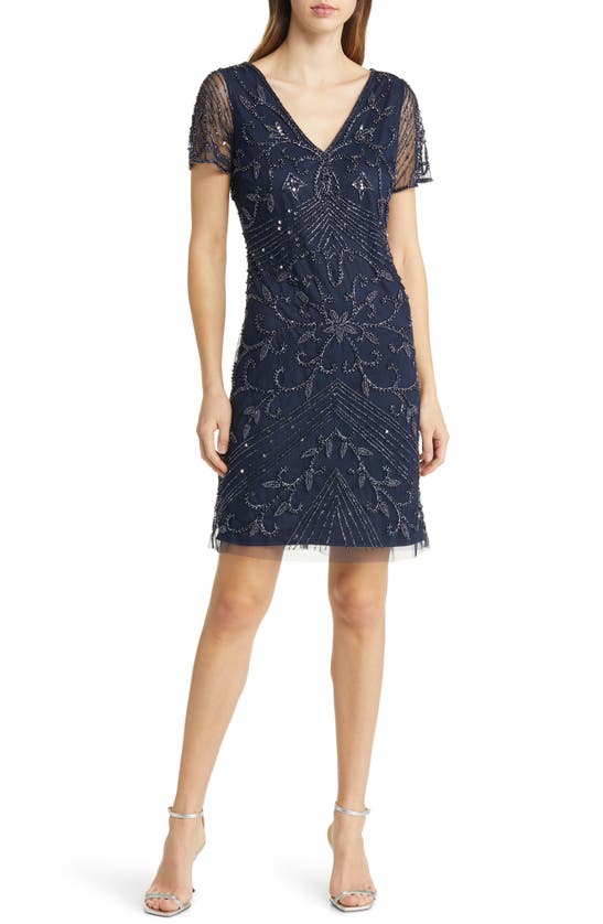 PISARRO NIGHTS BEADED DOUBLE V-NECK DRESS