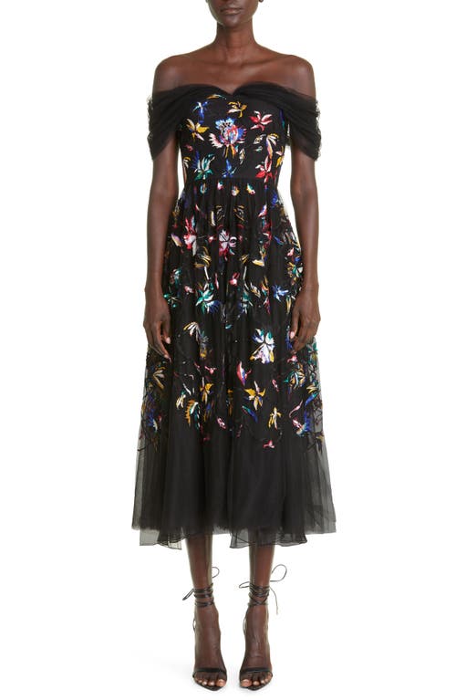 Jason Wu Collection Embroidered Off the Shoulder Tulle Cocktail Dress in Black
