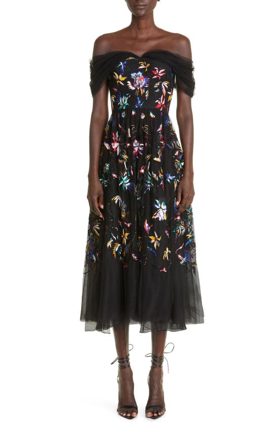 Jason Wu Embroidered Off The Shoulder Tulle Cocktail Dress In Black