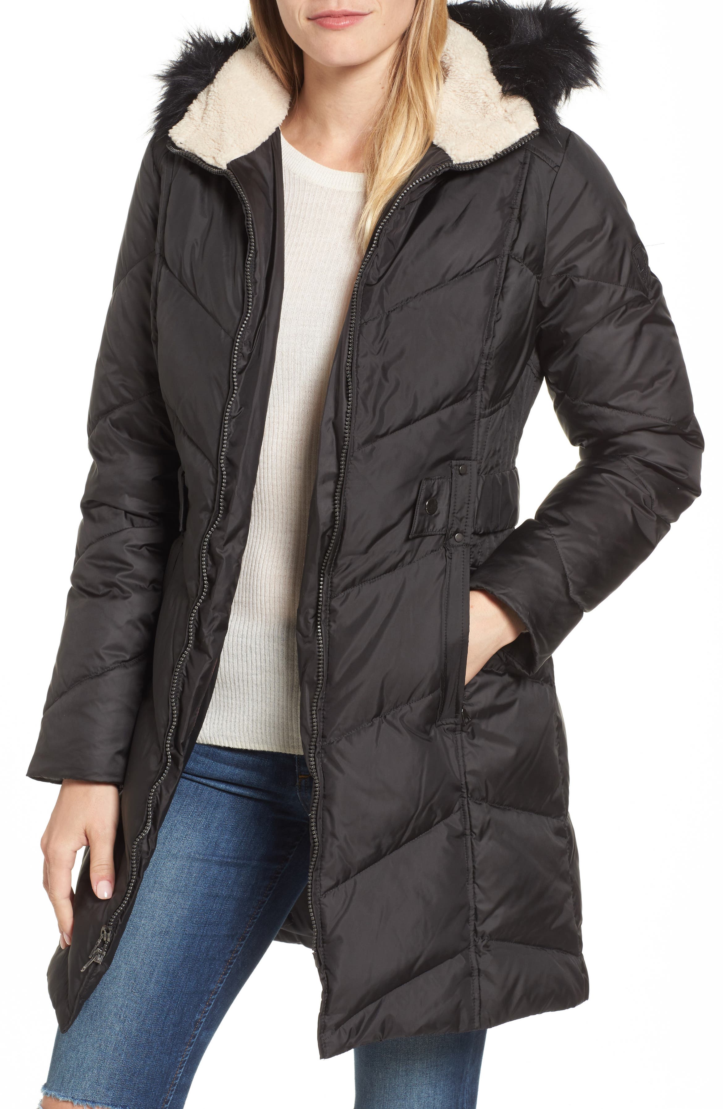 Larry Levine Hooded Down & Feather Fill Jacket with Faux Fur Trim ...