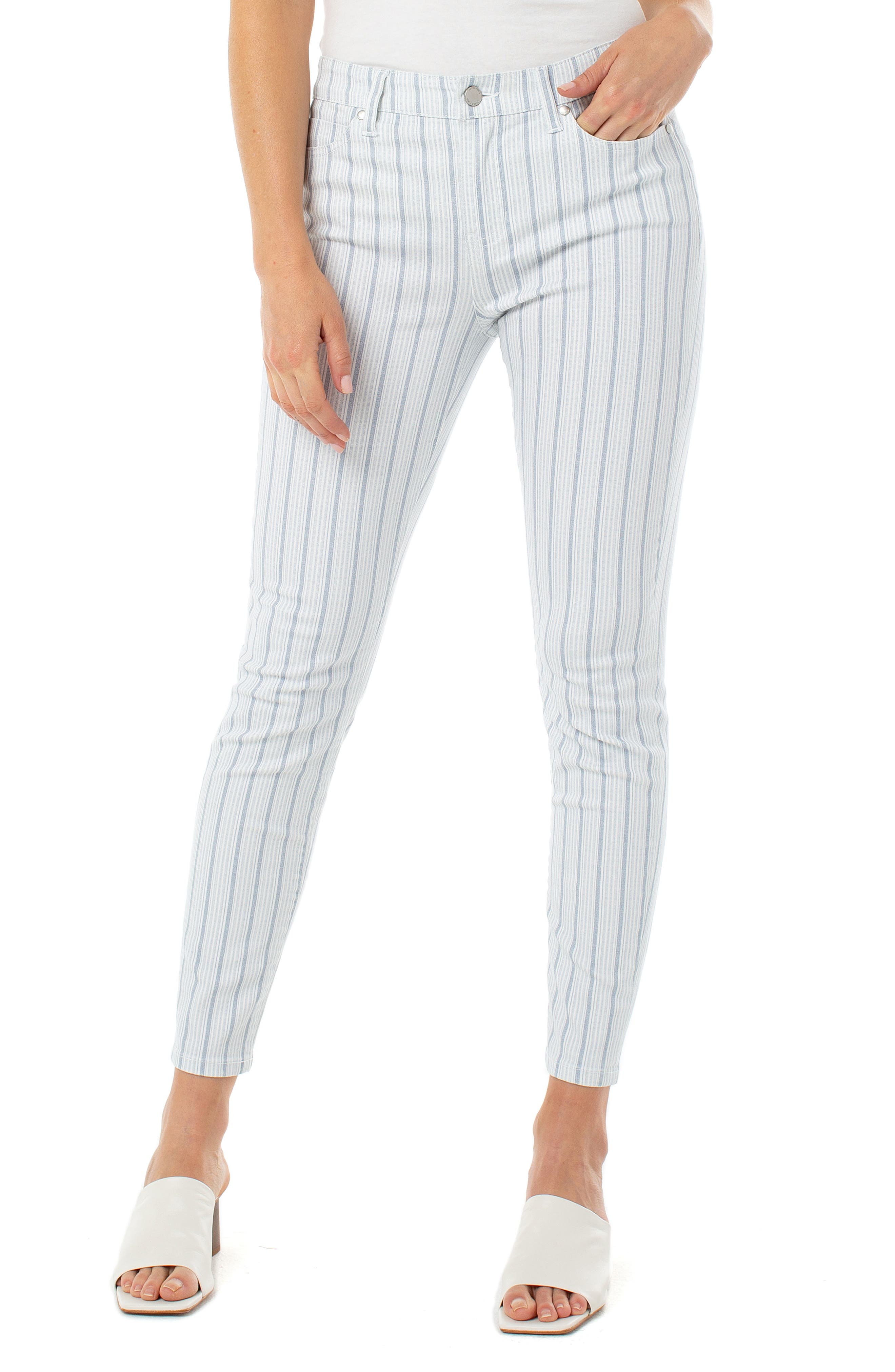 white and blue striped jeans