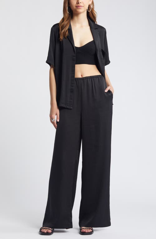 Open Edit Relaxed Satin Camp Shirt In Black