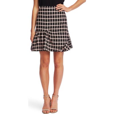 Cece Grid Tweed Asmymmetrical Ruffle Skirt, Black