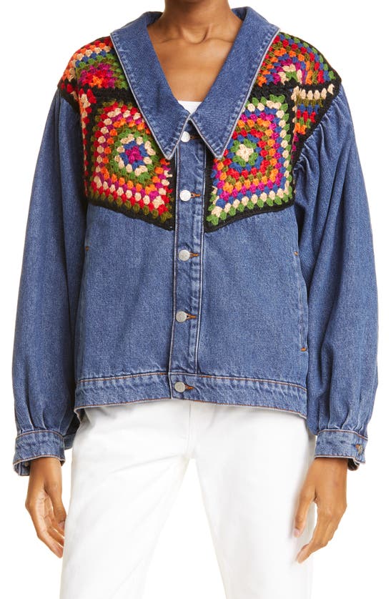 Farm Rio Crochet Detail Denim Trucker Jacket In Denim Blue ModeSens