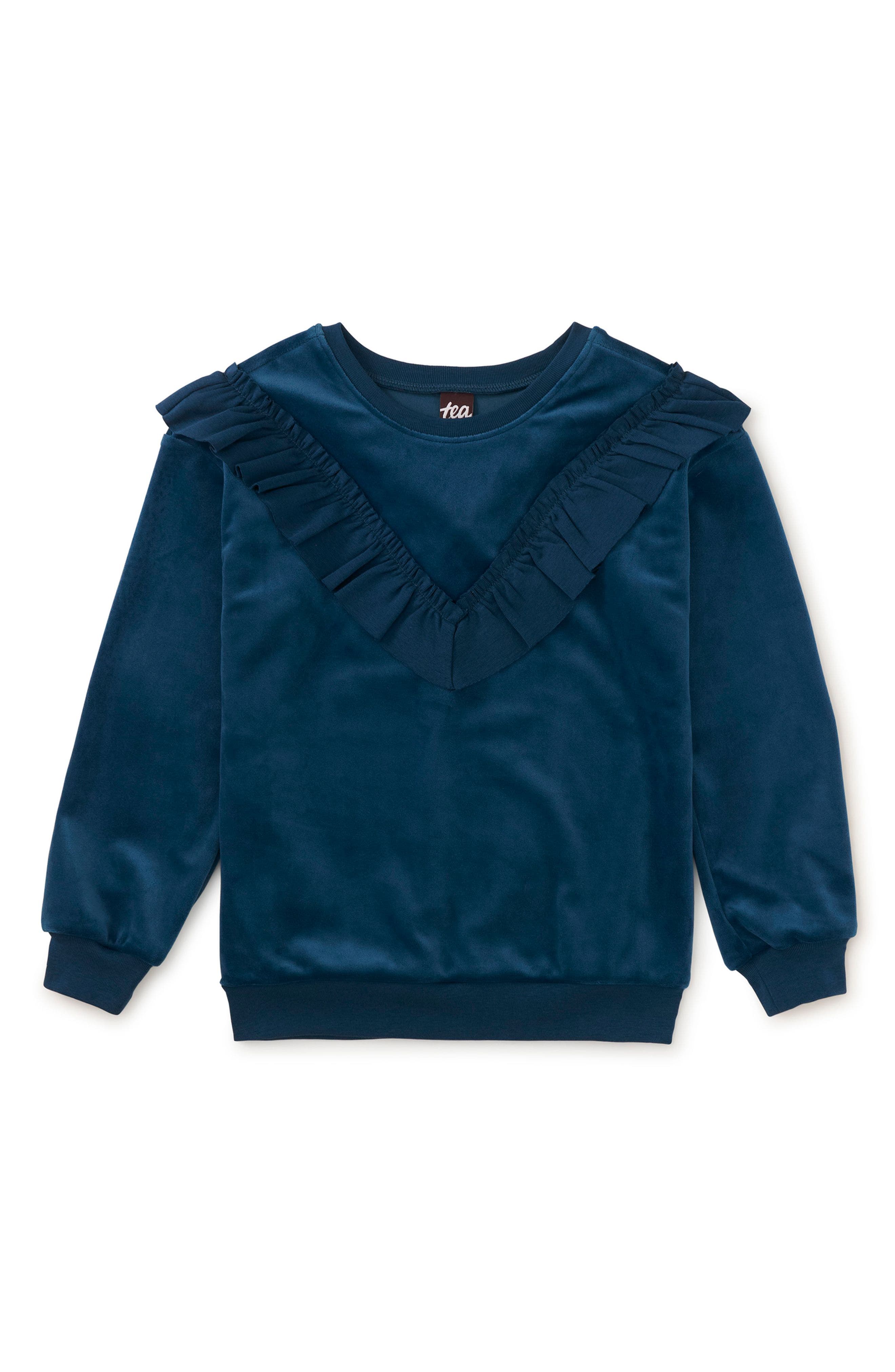 Tea Collection Velour Ruffle Tunic Top in Bedford Blue 