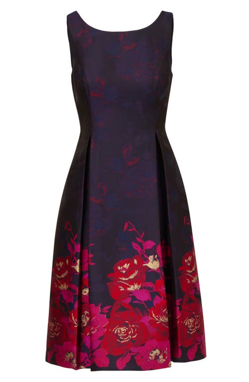 Shop Adrianna Papell Border Jacquard Pleated Sleeveless Fit & Flare Dress In Navy/pink Multi