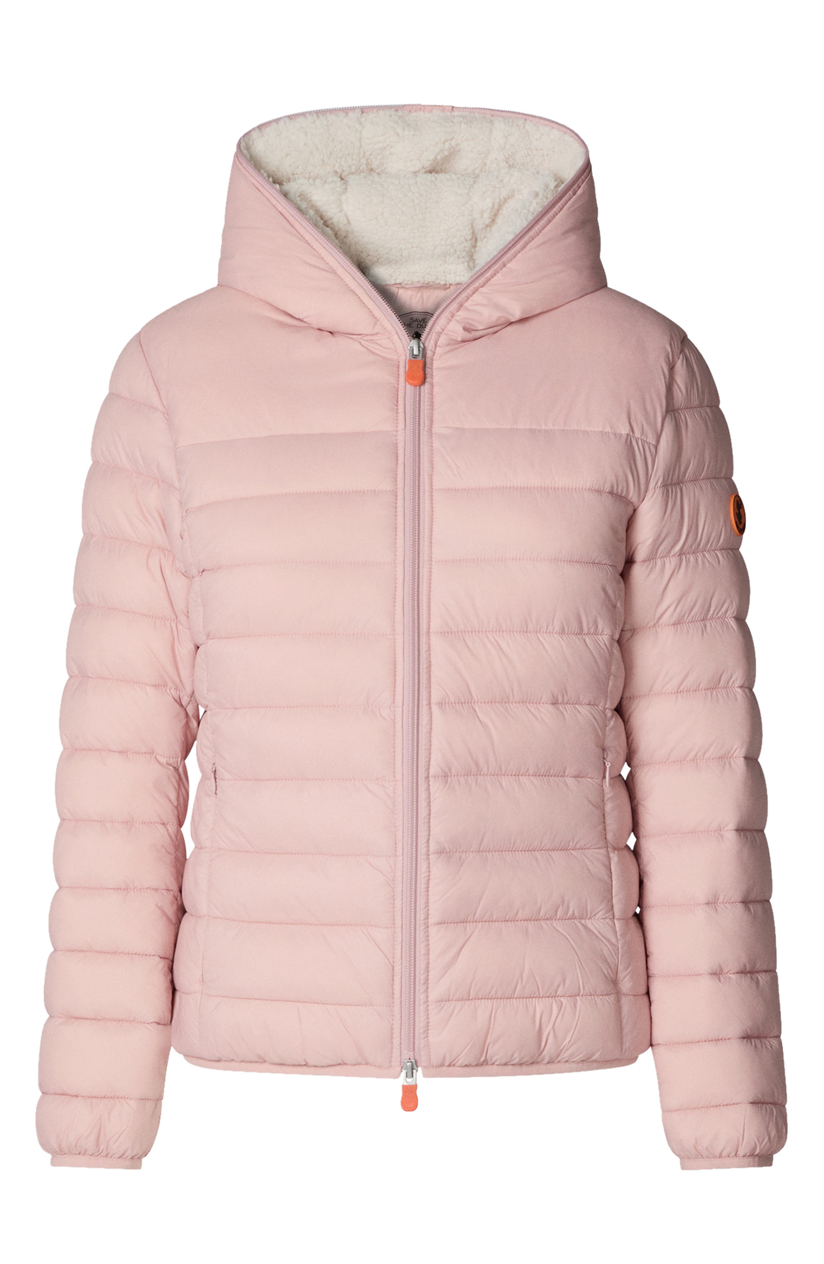 pink belted puffer coat