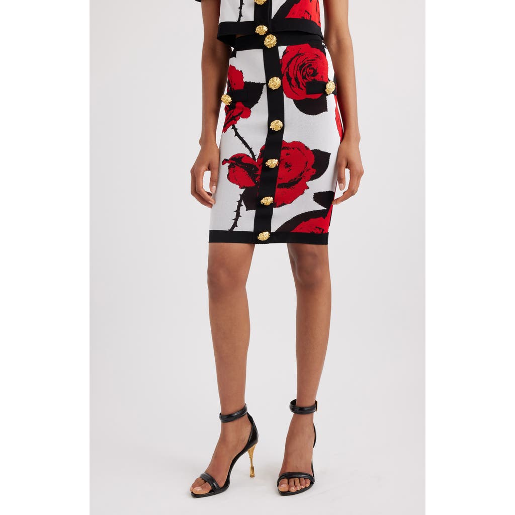 Balmain Red Roses Jacquard Sweater Skirt In Gqv White/black/red
