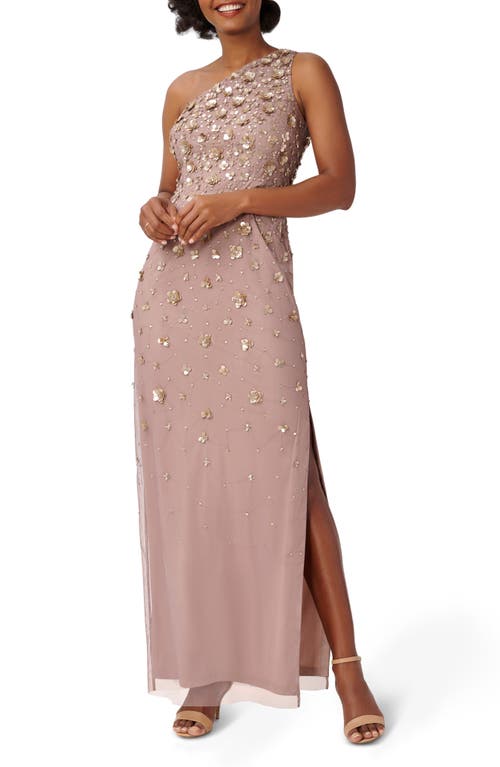 Adrianna Papell 3D Beaded & Sequin One-Shoulder Gown Stone at Nordstrom,