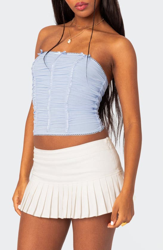 Edikted Veronika Strapless Ruched Mesh Top In Light-blue