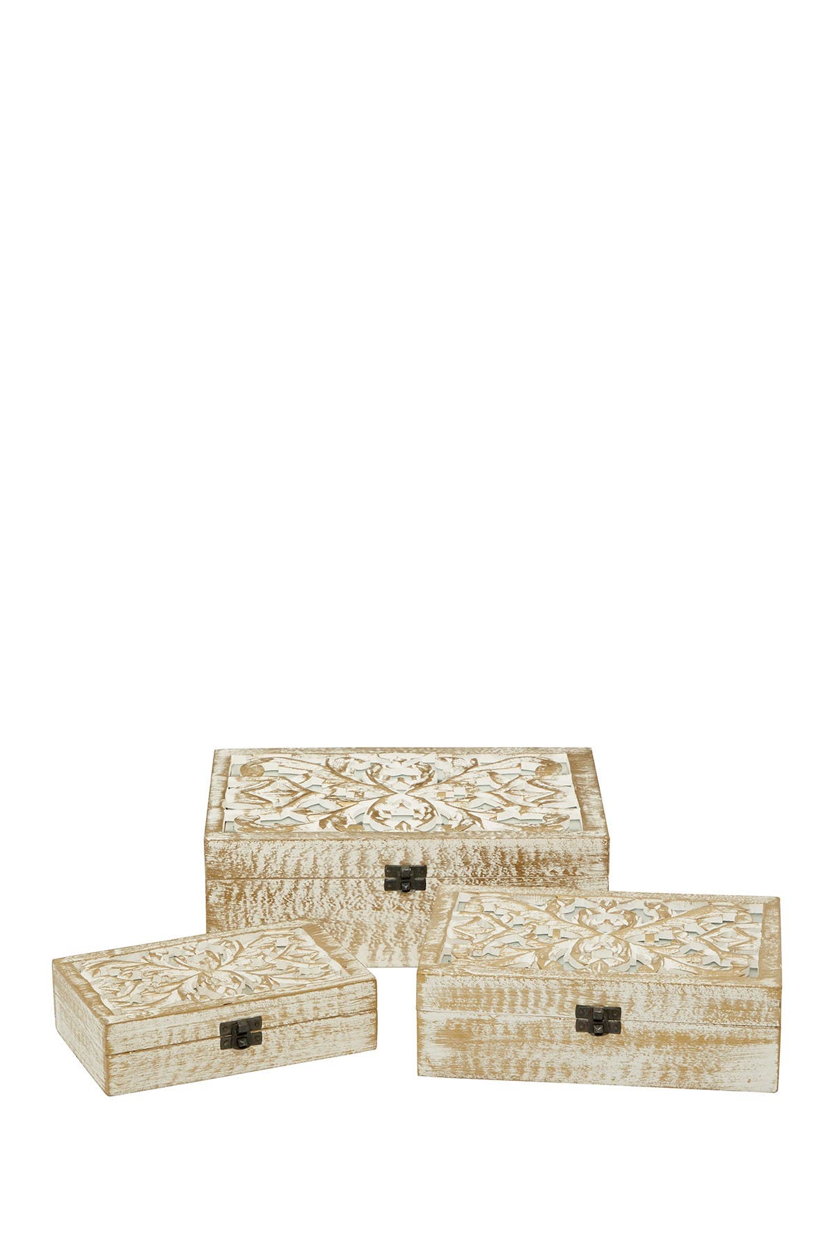 Willow Row Natural Rectangular Distressed White Wooden Filigree Decorative Box