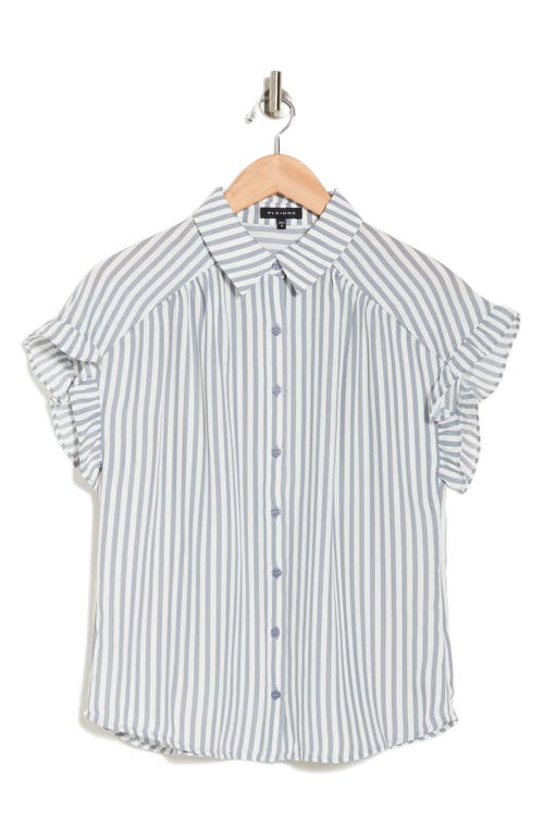 Shop Pleione Stripe Ruffle Short Sleeve Button-up Shirt In Gray/ivory Stripe