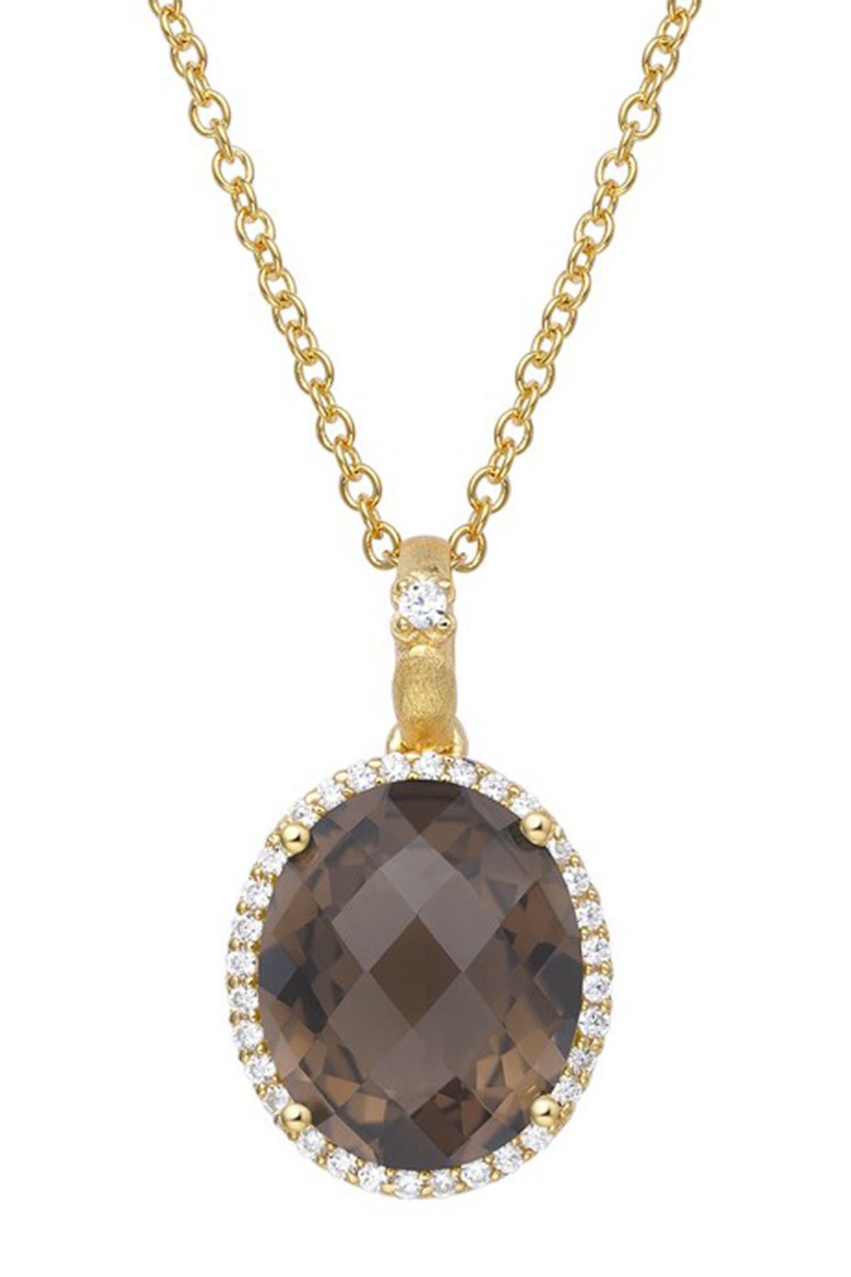 Lafonn Gold Plated Sterling Silver Round Cut Simulated Diamond Pendant Chain Necklace In White-smoky Quartz