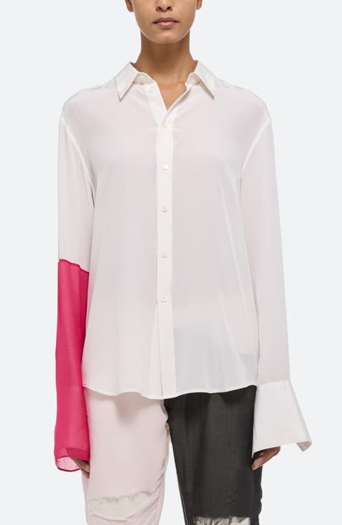 Relaxed Silk Button-Up Shirt in White/fuschia