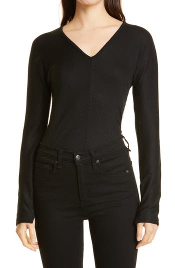 Rag & Bone The Bias Rib Knit Long Sleeve V-neck Top In Black
