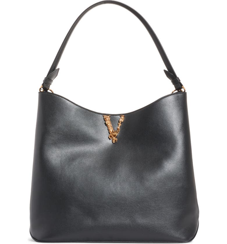VERSACE Virtus Leather Hobo Bag, Main, color, BLACK-VERSACE GOLD