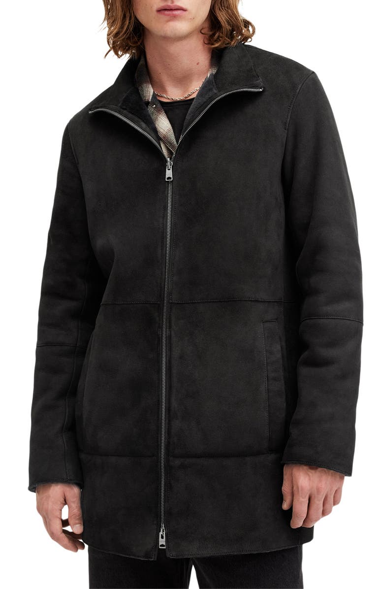 AllSaints Stride Funnel Neck Genuine Shearling Coat, Alternate, color, Twilight Black