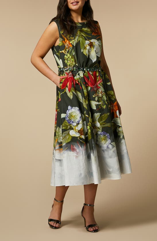 Shop Marina Rinaldi Trento Placed Floral Sleeveless Cotton Poplin Dress In Black/ Kaki Big Flower