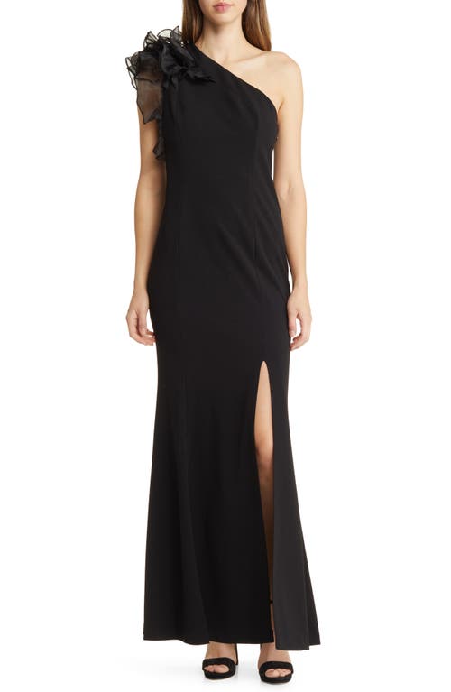 Ruffle One-Shoulder Crepe Gown in Black