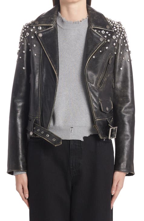Chiodo Destiny Crystal Embellished Leather Moto Jacket
