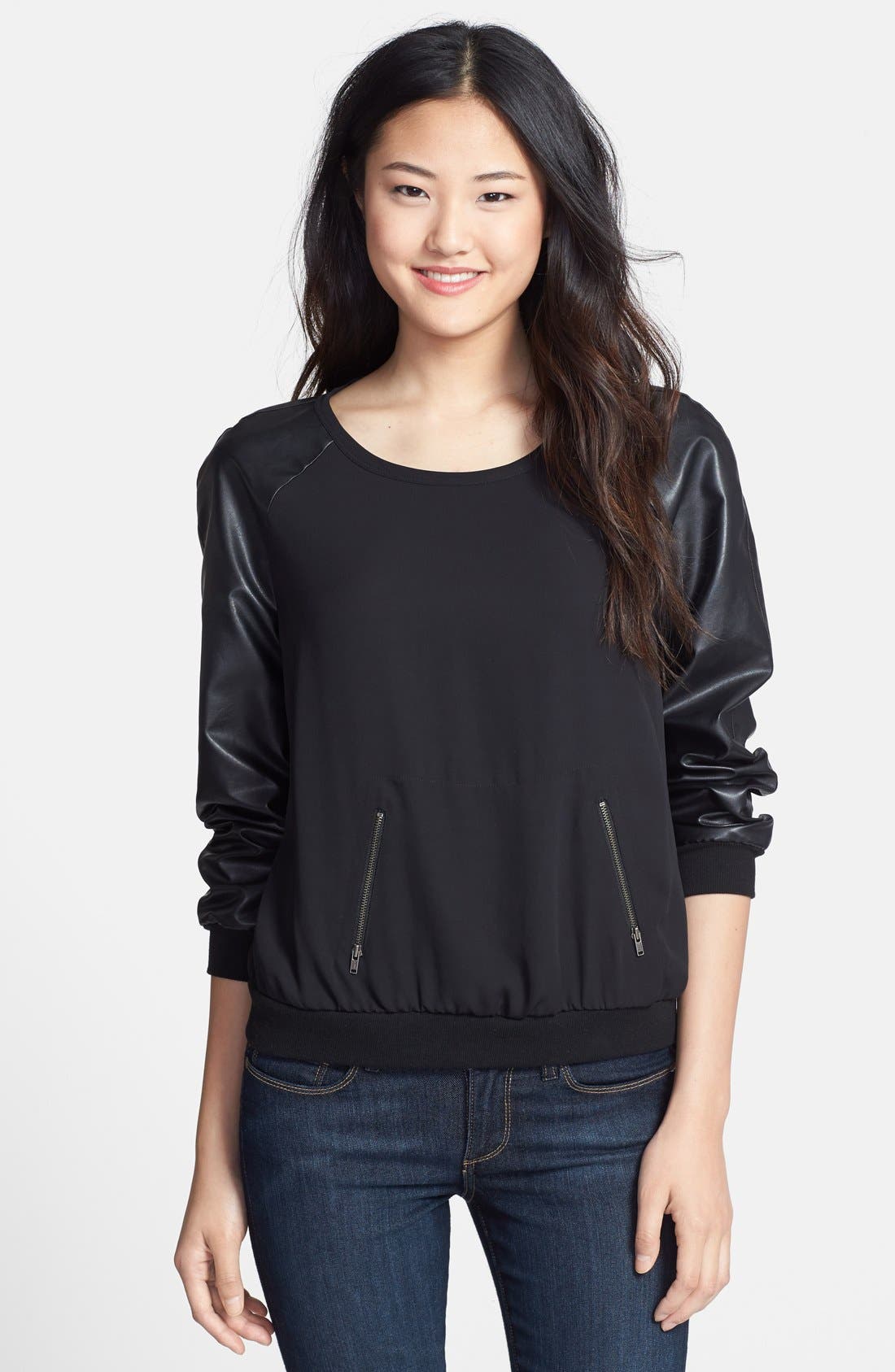 Halogen® Faux Leather Sleeve Sweatshirt Nordstrom
