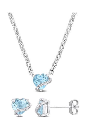 Delmar Sky Blue Topaz & Diamond Heart Stud Earrings & Pendant Necklace Set In Blue