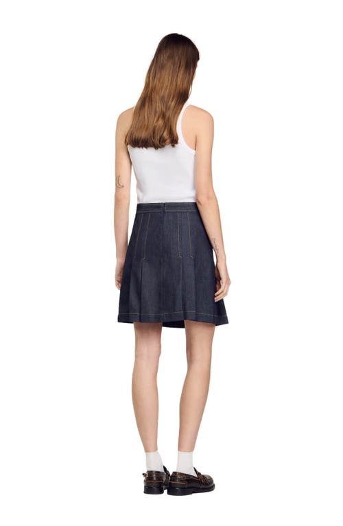 Shop Sandro Pleated Denim Skirt In Deep Blu