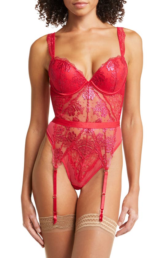 Ann Summers The Carmen Lace Bodysuit With Garter Straps In Red/ Burgundy