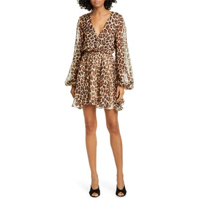 Caroline Constas Olena Leopard Print Silk Long Sleeve Minidress, Pink