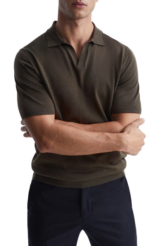 Reiss Duchie Johnny Collar Short Sleeve Wool Polo Sweater In Dark Military Green