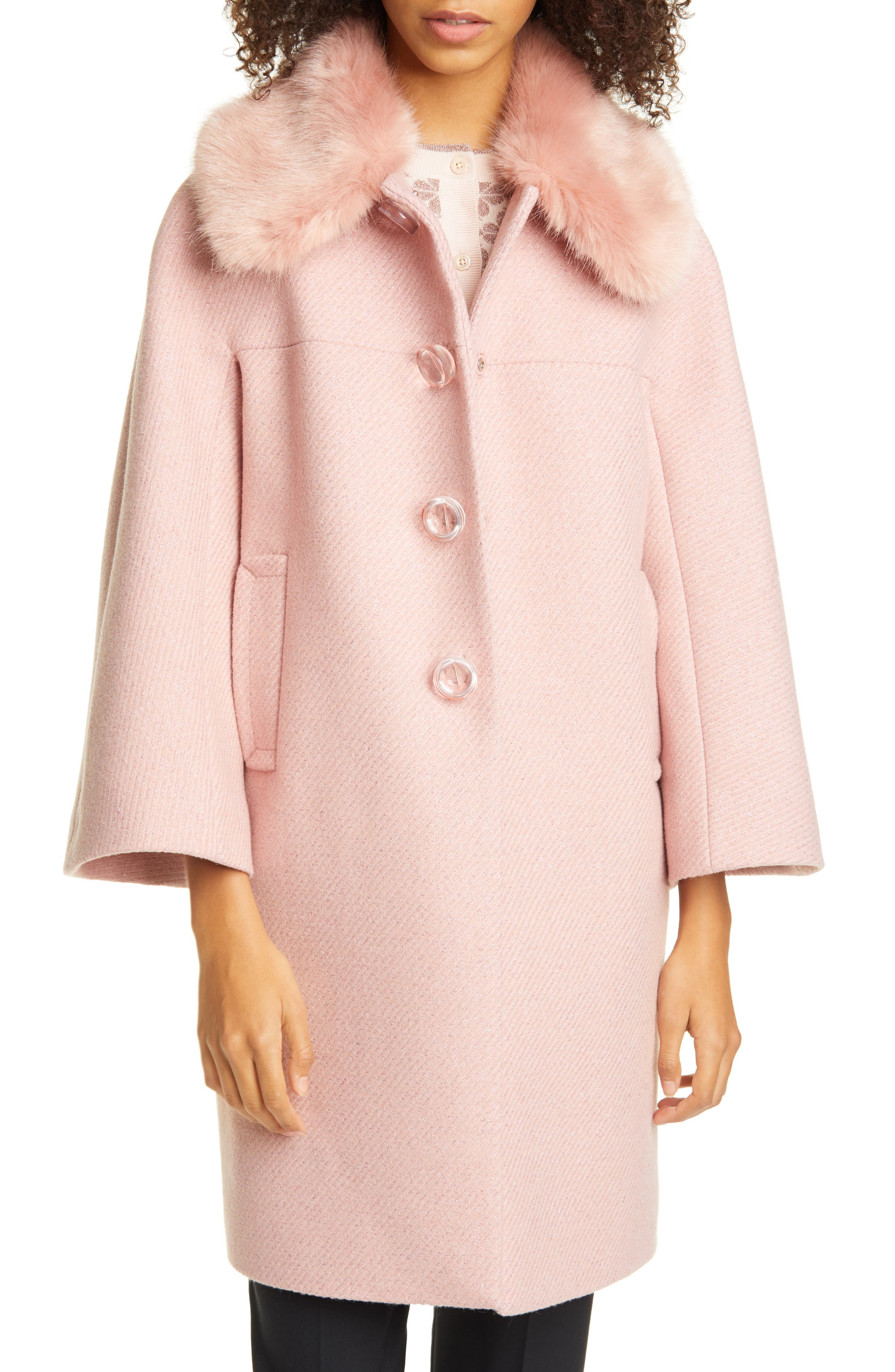 kate spade new york metallic wool blend twill coat with detachable faux