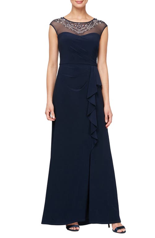 Embellished Illusion Neck Evening Gown in Navy