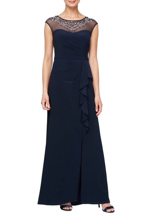 Alex Evenings Embellished Illusion Neck Evening Gown In Navy