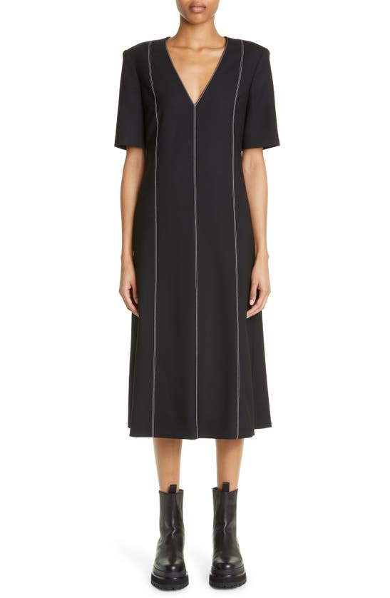 Maria Mcmanus Topstitch Detail V-neck Stretch Wool Midi Dress In Black W/ Ivory Top Stitch
