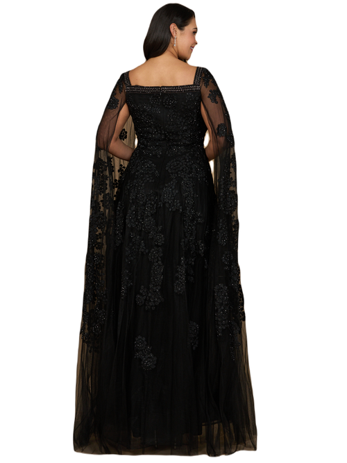 Lara New York Lace Gown With Long Cape Sleeves In Black