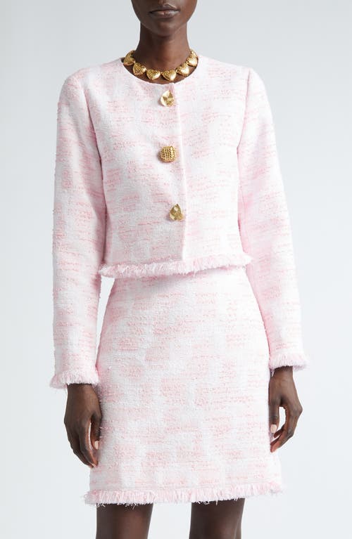 Oscar De La Renta Fringe Trim Tweed Crop Jacket In White/pink