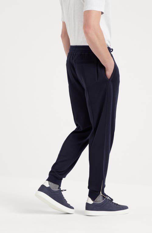 Shop Brunello Cucinelli Cashmere And Silk French Terry Trousers With Crête Detail And Elasticated Zipper  In Navy Blue