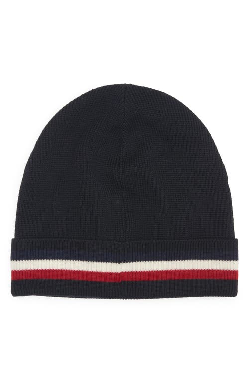 Shop Moncler Tricolor Stripe Ribbed Wool Beanie In Navy Blue