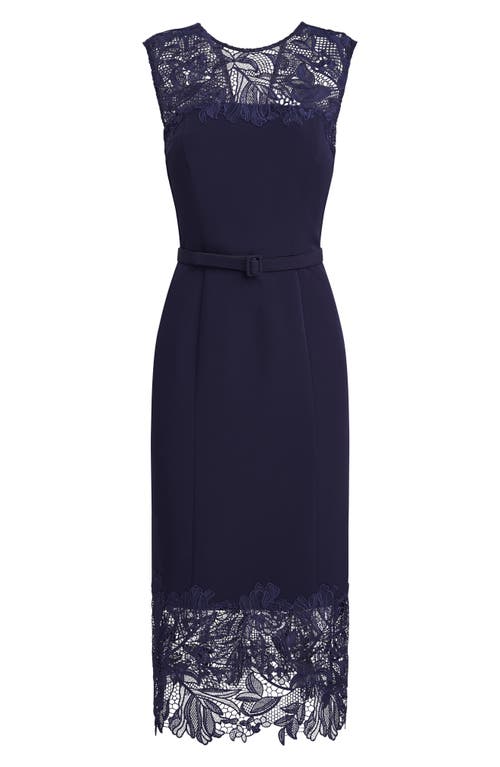 Shop Kay Unger Jamie Lace Trim Belted Midi Dress In Dark Twilight