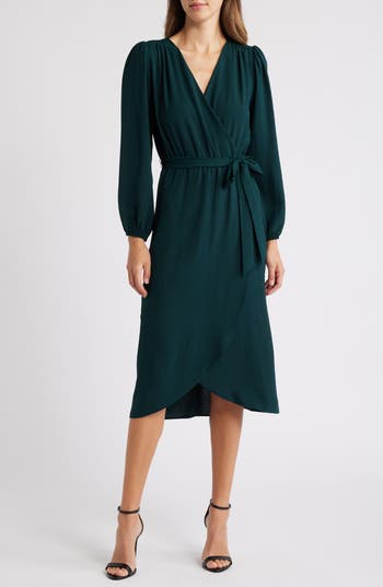 Connected Apparel Long Sleeve Faux Wrap Midi Dress Nordstrom