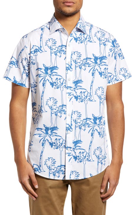 Woodbury Sports Fit Palm Tree Print Short Sleeve Cotton Button-Up Shirt