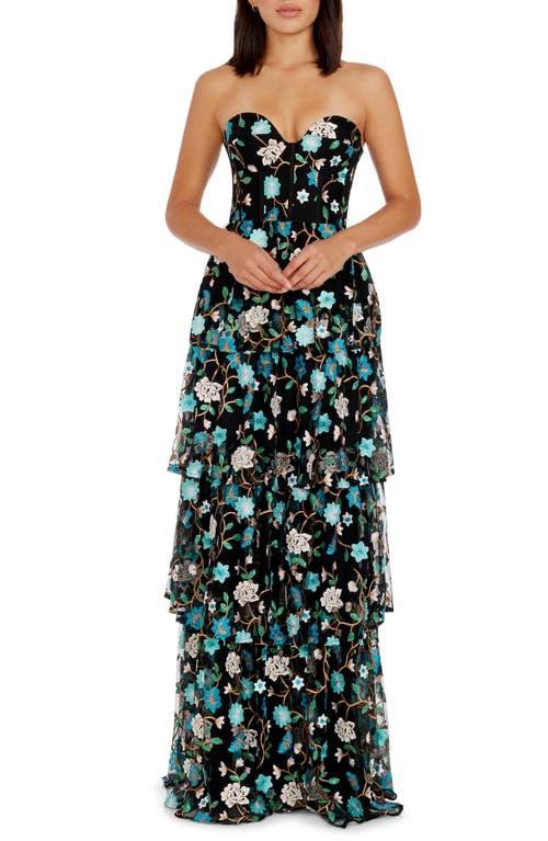 Dress the Population Layana Floral Embroidery Strapless Gown Turquoise Multi at Nordstrom,