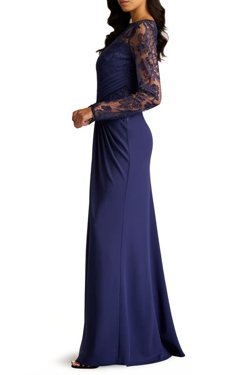 Tadashi Shoji Floral Embroidery Long Sleeve Mixed Media Gown In Notte