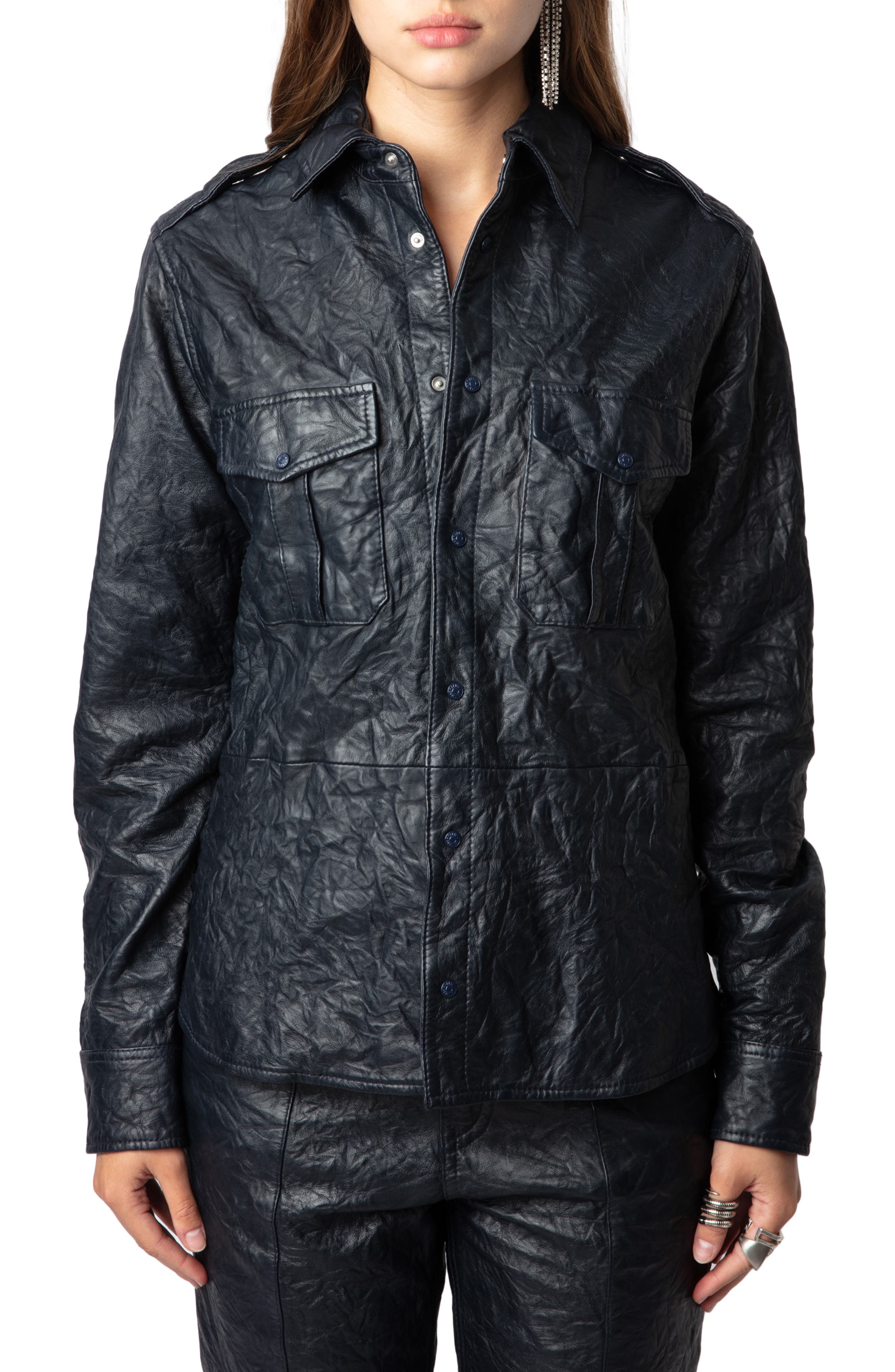 Zadig & Voltaire Taska Cuir Froisse Leather Snap-Up Shirt in Encre 