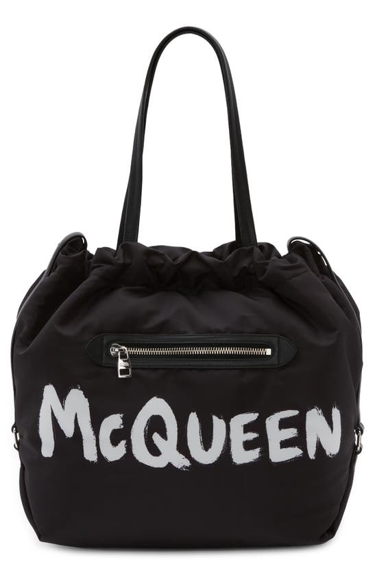 Alexander Mcqueen The Bundle Graffiti Logo Faille Tote In Black/ White