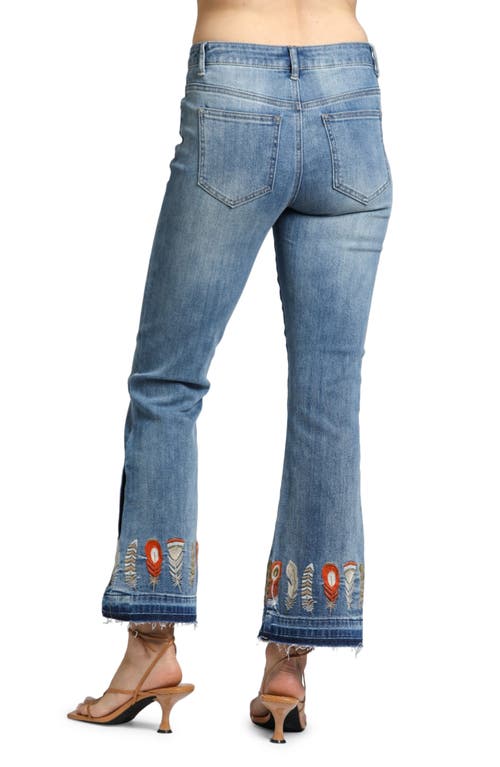 Apny Feather Embroidered Release Hem Mid Rise Flare Jeans In Medium Indigo